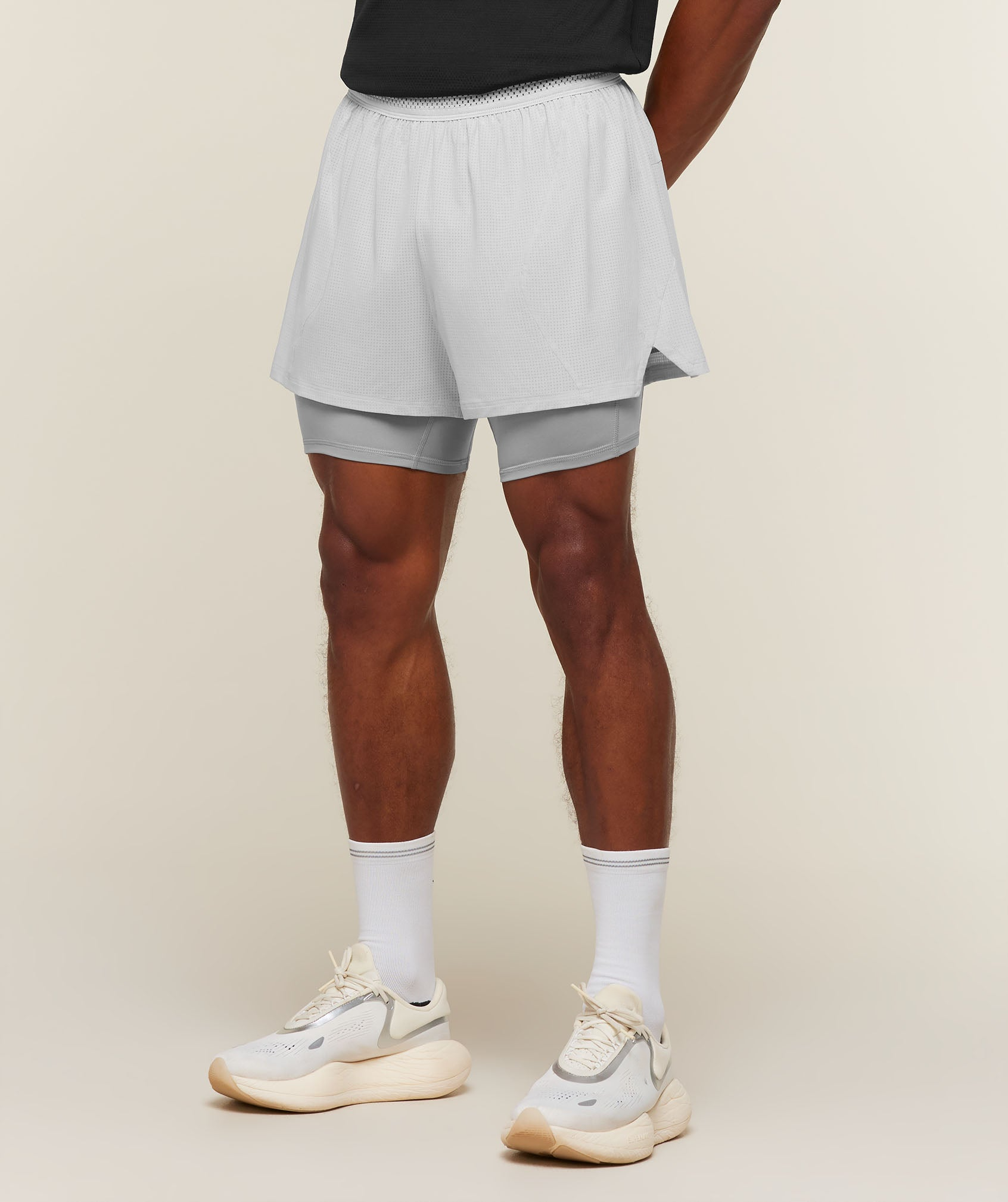 Light Gray Perforated 2-in-1 Shorts - Men's 4-Inch Lined Running