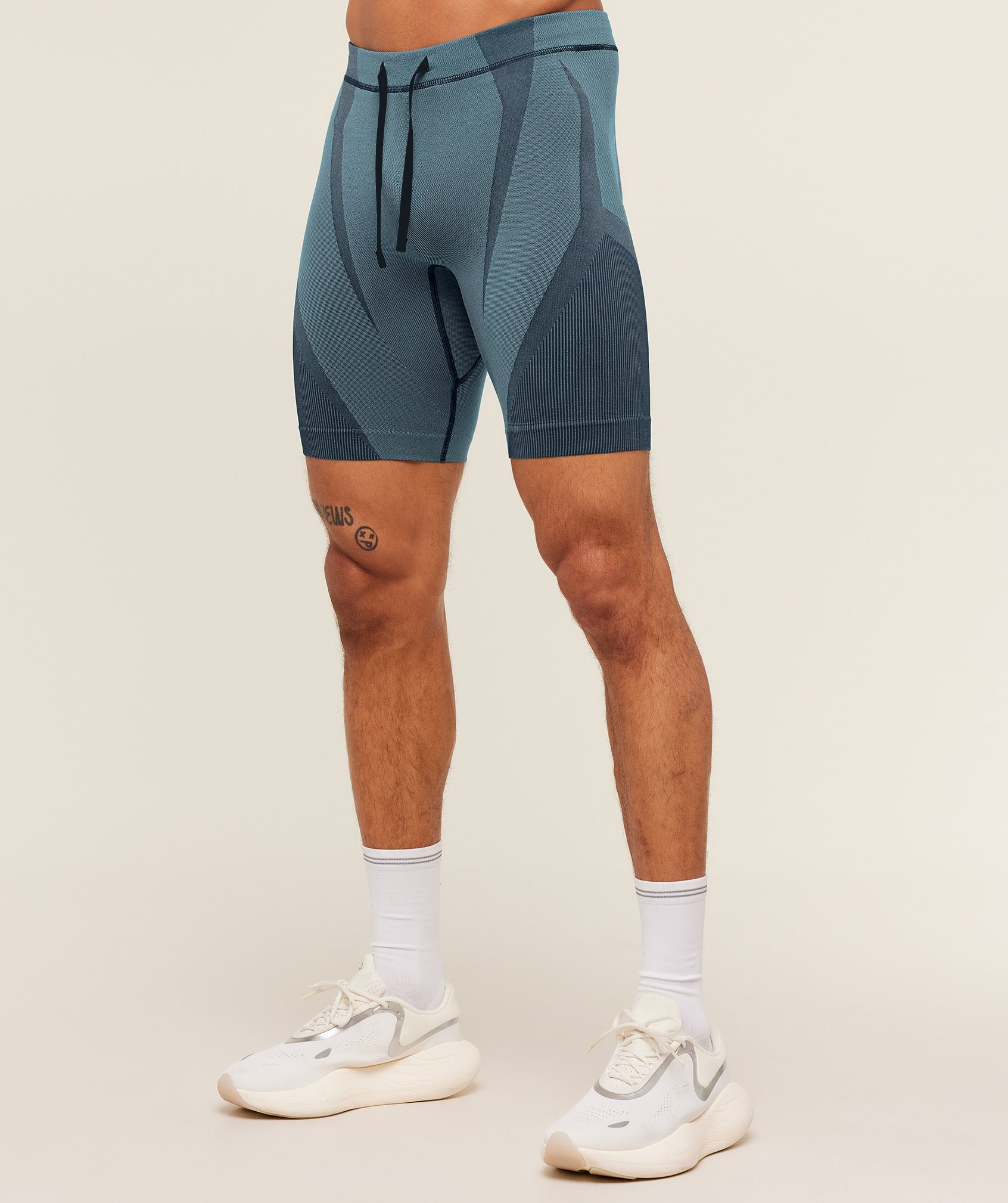 TealNavy Seamless Half Tight Shorts - Men's Drawcord Running
